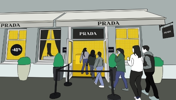 Une proportion notable des ventes de Prada se fait via les magasins d'usine et outlet.